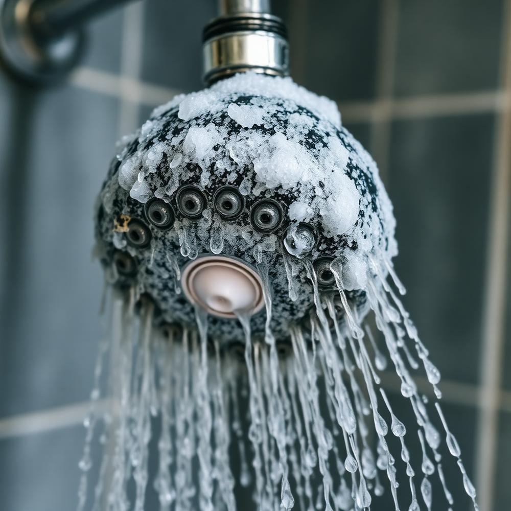 Shower head choked with hard water scale from Las Vegas well water