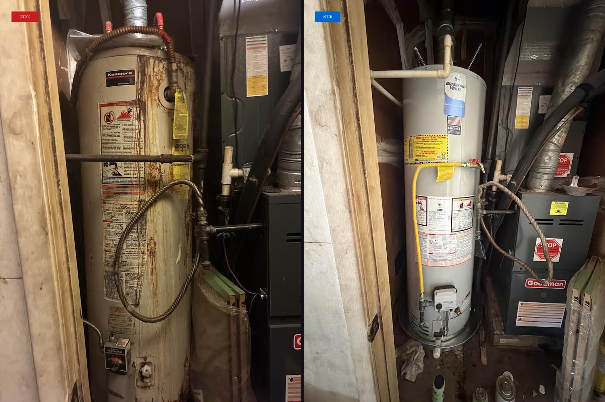 Old rusted water heater compared to a brand-new installed unit